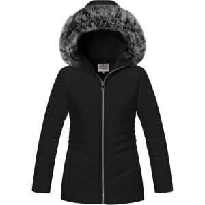 WULFUL Girl’s Winter Parka Coat Long Hooded Waterproof Warm Fleece Puffer Jacket(Black)