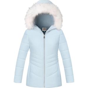 WULFUL Girl’s Winter Parka Coat Long Hooded Waterproof Warm Fleece Puffer Jacket(Light Blue)