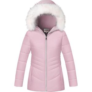 WULFUL Girl’s Winter Parka Coat Long Hooded Waterproof Warm Fleece Puffer Jacket(Pink)