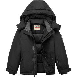 WULFUL Kid’s Waterproof Ski Jacket Warm Fleece Hooded Boy’s and Girl’s Winter Snow Coat Outwear,Windproof RainCoat(Black)