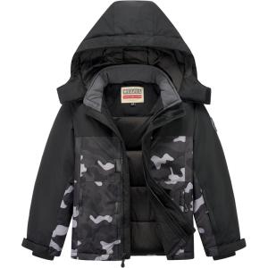 WULFUL Kid’s Waterproof Ski Jacket Warm Fleece Hooded Boy’s and Girl’s Winter Snow Coat Outwear,Windproof RainCoat(Black Camouflage)