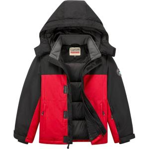 WULFUL Kid’s Waterproof Ski Jacket Warm Fleece Hooded Boy’s and Girl’s Winter Snow Coat Outwear,Windproof RainCoat(Black Red)