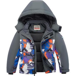 WULFUL Kid’s Waterproof Ski Jacket Warm Fleece Hooded Boy’s and Girl’s Winter Snow Coat Outwear,Windproof RainCoat(Grey Camouflage)