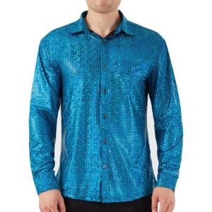 WULFUL Men Dress Shirt Sequins Long Sleeve Button Down Shirt Luxury Disco Party Nightclub Christmas Prom Costume(Blue 0175)