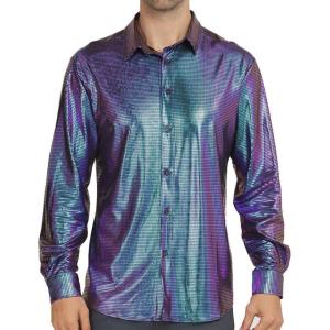 WULFUL Men Dress Shirt Sequins Long Sleeve Button Down Shirt Luxury Disco Party Nightclub Christmas Prom Costume(Blue 02)