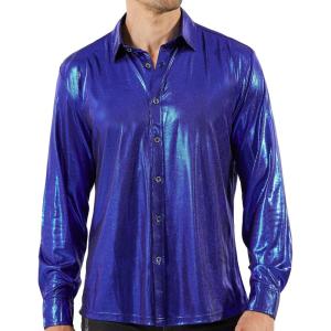 WULFUL Men Dress Shirt Sequins Long Sleeve Button Down Shirt Luxury Disco Party Nightclub Christmas Prom Costume(Blue0156)