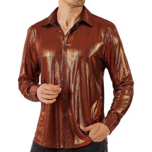 WULFUL Men Dress Shirt Sequins Long Sleeve Button Down Shirt Luxury Disco Party Nightclub Christmas Prom Costume(Brown0157)