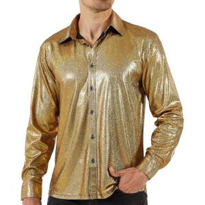 WULFUL Men Dress Shirt Sequins Long Sleeve Button Down Shirt Luxury Disco Party Nightclub Christmas Prom Costume(Gold0155)