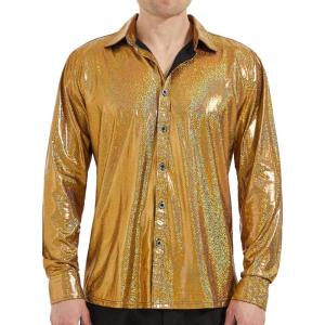 WULFUL Men Dress Shirt Sequins Long Sleeve Button Down Shirt Luxury Disco Party Nightclub Christmas Prom Costume(Gold036)