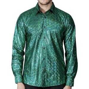 WULFUL Men Dress Shirt Sequins Long Sleeve Button Down Shirt Luxury Disco Party Nightclub Christmas Prom Costume(Green)