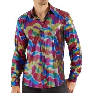 WULFUL Men Dress Shirt Sequins Long Sleeve Button Down Shirt Luxury Disco Party Nightclub Christmas Prom Costume(Multicolor023)