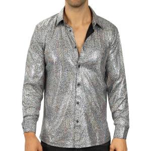 WULFUL Men Dress Shirt Sequins Long Sleeve Button Down Shirt Luxury Disco Party Nightclub Christmas Prom Costume(Silver033)