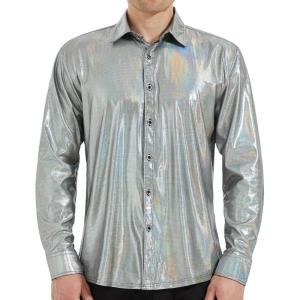 WULFUL Men Dress Shirt Sequins Long Sleeve Button Down Shirt Luxury Disco Party Nightclub Christmas Prom Costume(Silver035)