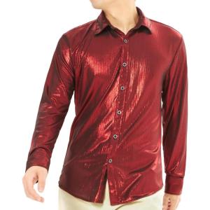 WULFUL Men Dress Shirt Sequins Long Sleeve Button Down Shirt Luxury Disco Party Nightclub Christmas Prom Costume(Wine Red002)
