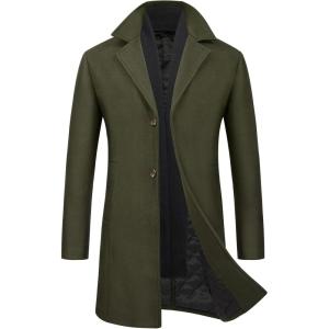 WULFUL Men Wool Trench Coat Slim Fit Winter Coat(Army Green)