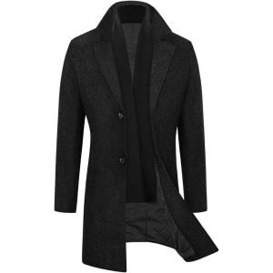 WULFUL Men Wool Trench Coat Slim Fit Winter Coat(Black)