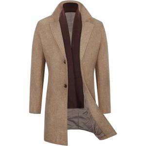 WULFUL Men Wool Trench Coat Slim Fit Winter Coat(Coffee)