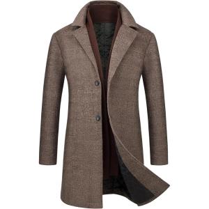 WULFUL Men Wool Trench Coat Slim Fit Winter Coat(Coffee Plaid)