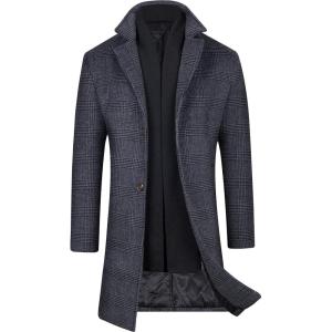 WULFUL Men Wool Trench Coat Slim Fit Winter Coat(Grey Plaid)
