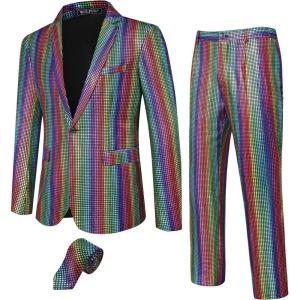 WULFUL Men’s 2 Piece Disco Outfit 70s Costume Sequin Jacket and Pants Halloween Party Prom Suits with Tie