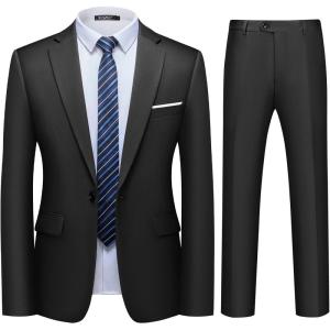 WULFUL Men’s 2 Piece Slim Fit Suit Set One Button Blazer Jacket Pants Tuxedo Set for Party, Wedding and Business(Black)