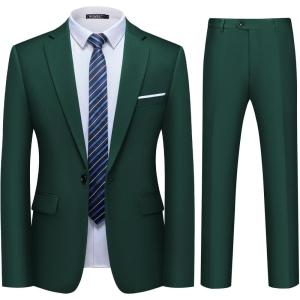 WULFUL Men’s 2 Piece Slim Fit Suit Set One Button Blazer Jacket Pants Tuxedo Set for Party, Wedding and Business(Blackish Green)