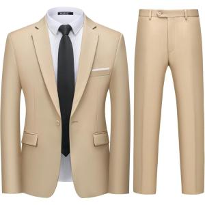 WULFUL Men’s 2 Piece Slim Fit Suit Set One Button Blazer Jacket Pants Tuxedo Set for Party, Wedding and Business(Champagne)