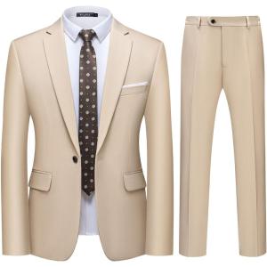 WULFUL Men’s 2 Piece Slim Fit Suit Set One Button Blazer Jacket Pants Tuxedo Set for Party, Wedding and Business(Light Brown)