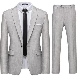 WULFUL Men’s 2 Piece Slim Fit Suit Set One Button Blazer Jacket Pants Tuxedo Set for Party, Wedding and Business(Light Gray)