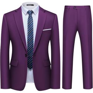 WULFUL Men’s 2 Piece Slim Fit Suit Set One Button Blazer Jacket Pants Tuxedo Set for Party, Wedding and Business(Purple)