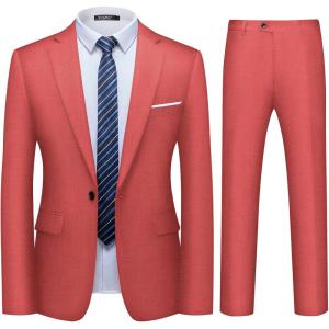 WULFUL Men’s 2 Piece Slim Fit Suit Set One Button Blazer Jacket Pants Tuxedo Set for Party, Wedding and Business(Red)