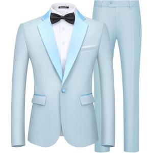 WULFUL Men’s 2 Piece Slim Fit Suit Set One Button Blazer Jacket Pants Tuxedo Set for Prom, Wedding and Business(Light Blue- Light Blue Lapel)