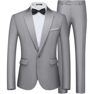 WULFUL Men’s 2 Piece Slim Fit Suit Set One Button Blazer Jacket Pants Tuxedo Set for Prom, Wedding and Business(Light Grey- Light Grey Lapel)