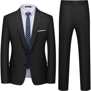 WULFUL Men’s 2 Piece Suits Slim Fit Two Button Blazer Jacket Pants Set for Party,Wedding and Business(Black)