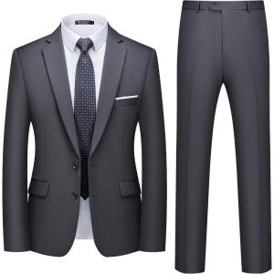 WULFUL Men’s 2 Piece Suits Slim Fit Two Button Blazer Jacket Pants Set for Party,Wedding and Business(Dark Grey)