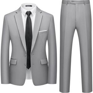 WULFUL Men’s 2 Piece Suits Slim Fit Two Button Blazer Jacket Pants Set for Party,Wedding and Business(Light Gray)