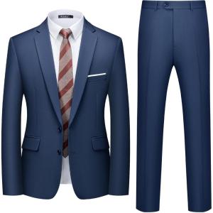 WULFUL Men’s 2 Piece Suits Slim Fit Two Button Blazer Jacket Pants Set for Party,Wedding and Business(Navy)