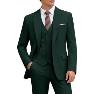 WULFUL Men’s 3 Piece Slim Fit Suit Set One Button Blazer Jacket Pants Tuxedo Set for Party Wedding and Business(Blackish Green)