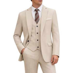 WULFUL Men’s 3 Piece Slim Fit Suit Set One Button Blazer Jacket Pants Tuxedo Set for Party Wedding and Business(Khaki)