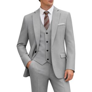 WULFUL Men’s 3 Piece Slim Fit Suit Set One Button Blazer Jacket Pants Tuxedo Set for Party Wedding and Business(Light Grey)