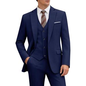 WULFUL Men’s 3 Piece Slim Fit Suit Set One Button Blazer Jacket Pants Tuxedo Set for Party Wedding and Business(Navy)