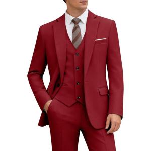 WULFUL Men’s 3 Piece Slim Fit Suit Set One Button Blazer Jacket Pants Tuxedo Set for Party Wedding and Business(Red)