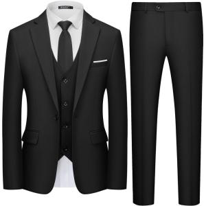 WULFUL Men’s 3 Piece Slim Fit Suit Set One Button Blazer Jacket Pants Tuxedo Set(Black)