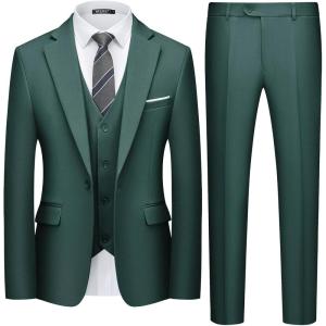 WULFUL Men’s 3 Piece Slim Fit Suit Set One Button Blazer Jacket Pants Tuxedo Set(Blackish Green)