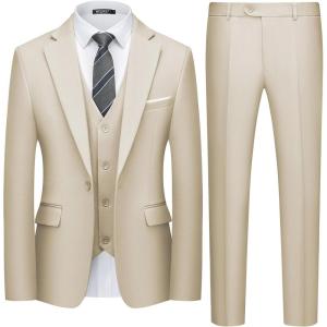 WULFUL Men’s 3 Piece Slim Fit Suit Set One Button Blazer Jacket Pants Tuxedo Set(Champagne)