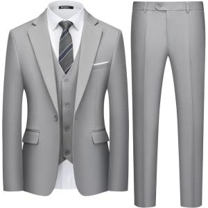 WULFUL Men’s 3 Piece Slim Fit Suit Set One Button Blazer Jacket Pants Tuxedo Set(Light Gray)