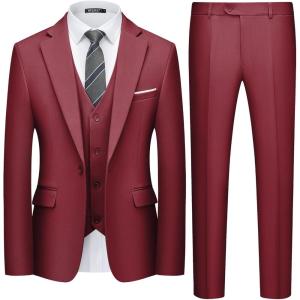 WULFUL Men’s 3 Piece Slim Fit Suit Set One Button Blazer Jacket Pants Tuxedo Set(Red)