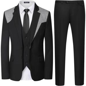 WULFUL Men’s 3 Piece Slim Fit Suit Set Two Button Blazer Jacket Vest Pants Tuxedo Set for Party, Wedding and Business