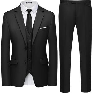 WULFUL Men’s 3 Piece Slim Fit Suit Set Two Button Blazer Jacket Vest Pants Tuxedo Set for Party, Wedding and Business(Black)