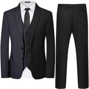 WULFUL Men’s 3 Piece Slim Fit Suit Set Two Button Blazer Jacket Vest Pants Tuxedo Set for Party, Wedding and Business(Black Grey)